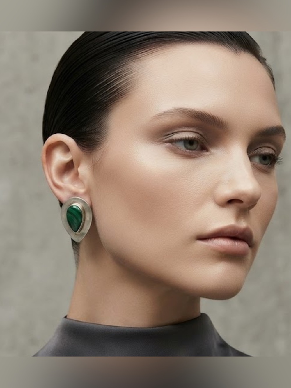 Vintage sterling silver teardrop clip earrings distinct banded green malachit